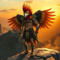 A stylized birdman character, depicted as a humanoid figure with bird-like features such as vibrant feathers, a beak-like nose, and large wings