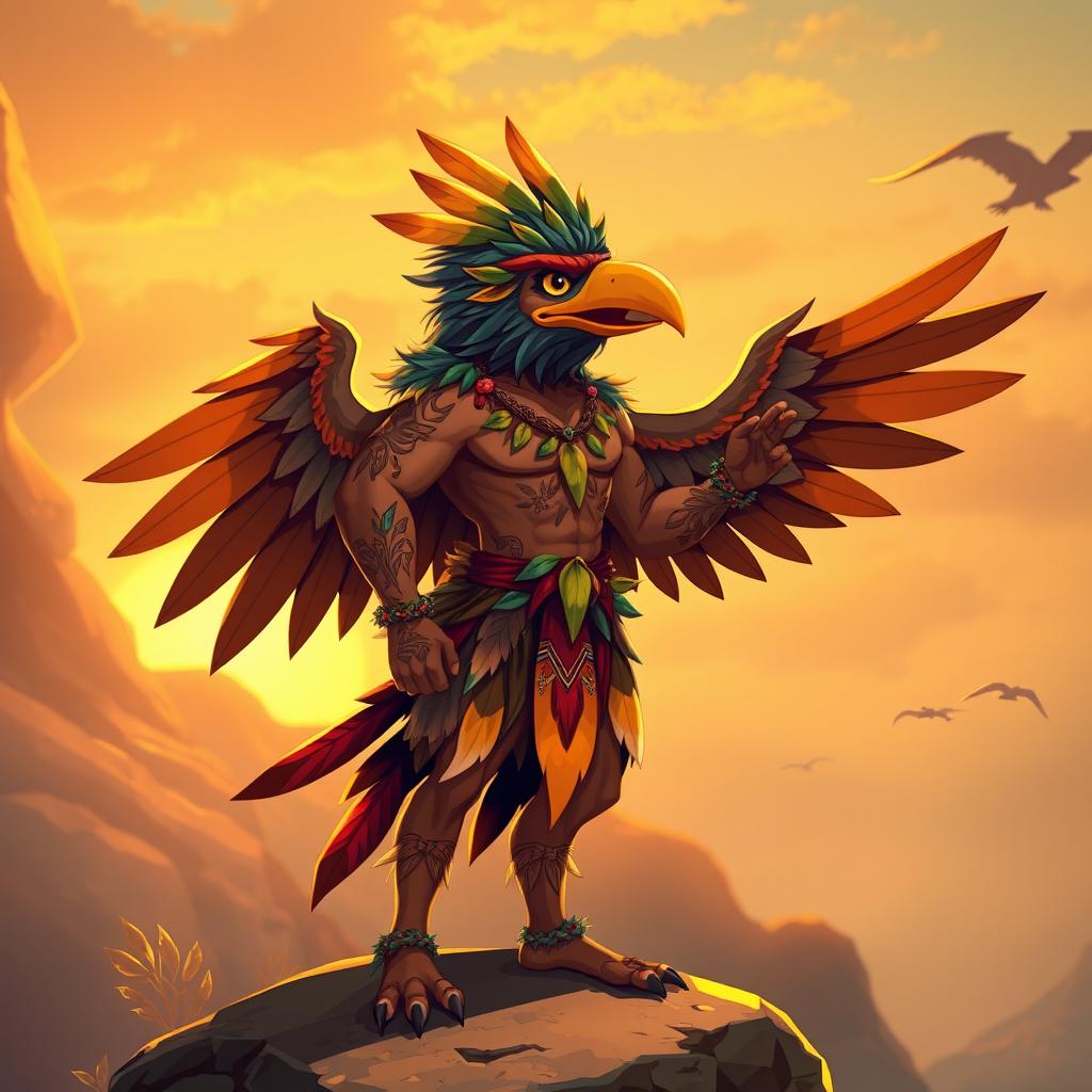 A stylized birdman character, depicted as a humanoid figure with bird-like features such as vibrant feathers, a beak-like nose, and large wings