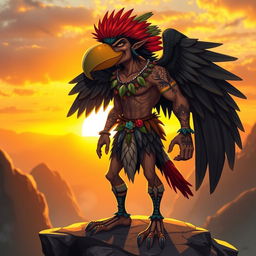 A stylized birdman character, depicted as a humanoid figure with bird-like features such as vibrant feathers, a beak-like nose, and large wings