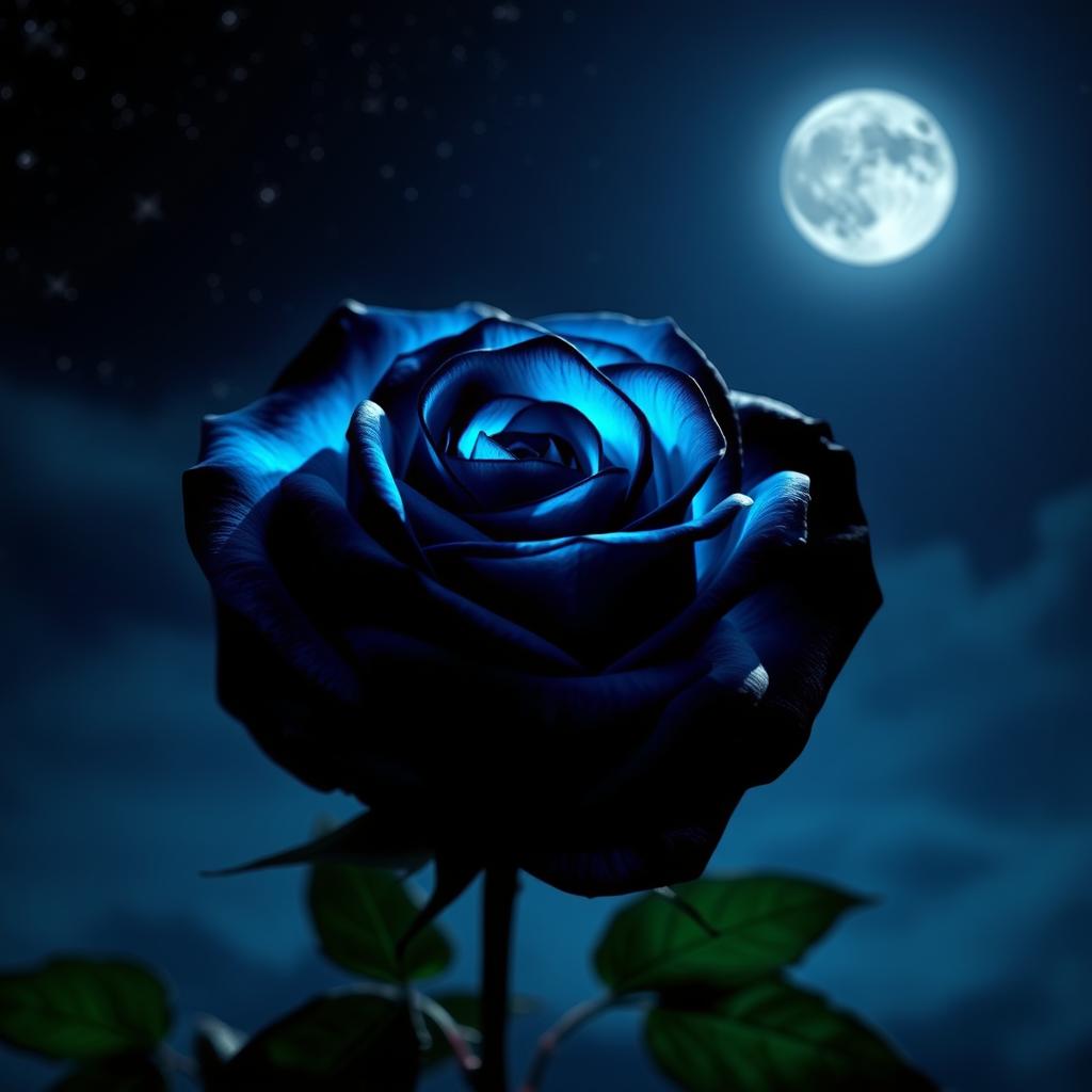 A breathtaking scene of a beautiful rose with bright blue and black petals, glowing softly under the moonlight in a serene night setting