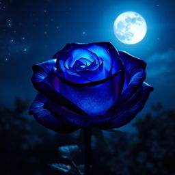 A breathtaking scene of a beautiful rose with bright blue and black petals, glowing softly under the moonlight in a serene night setting