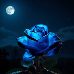 A breathtaking scene of a beautiful rose with bright blue and black petals, glowing softly under the moonlight in a serene night setting