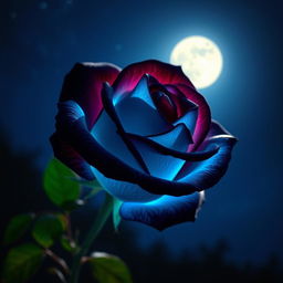 A breathtaking scene of a beautiful rose with bright blue and black petals, glowing softly under the moonlight in a serene night setting