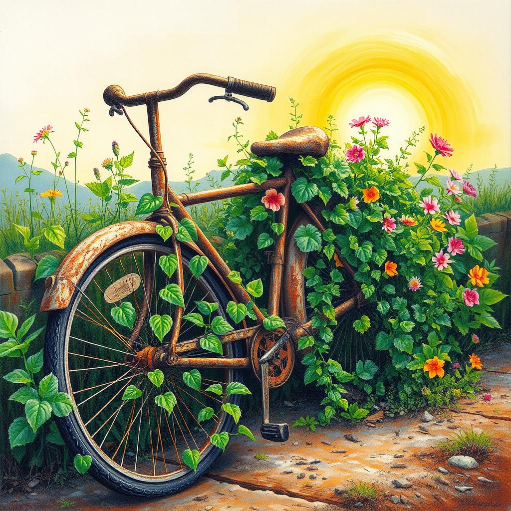 A color pencil painting depicting a rusted, old bicycle partially overgrown with vibrant green vines and colorful flowers, symbolizing nature reclaiming man-made objects