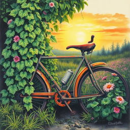 A color pencil painting depicting a rusted, old bicycle partially overgrown with vibrant green vines and colorful flowers, symbolizing nature reclaiming man-made objects