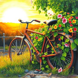A color pencil painting depicting a rusted, old bicycle partially overgrown with vibrant green vines and colorful flowers, symbolizing nature reclaiming man-made objects