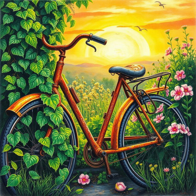 A color pencil painting depicting a rusted, old bicycle partially overgrown with vibrant green vines and colorful flowers, symbolizing nature reclaiming man-made objects