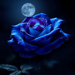 A beautiful blue and black rose blooming in the night, illuminated softly by moonlight