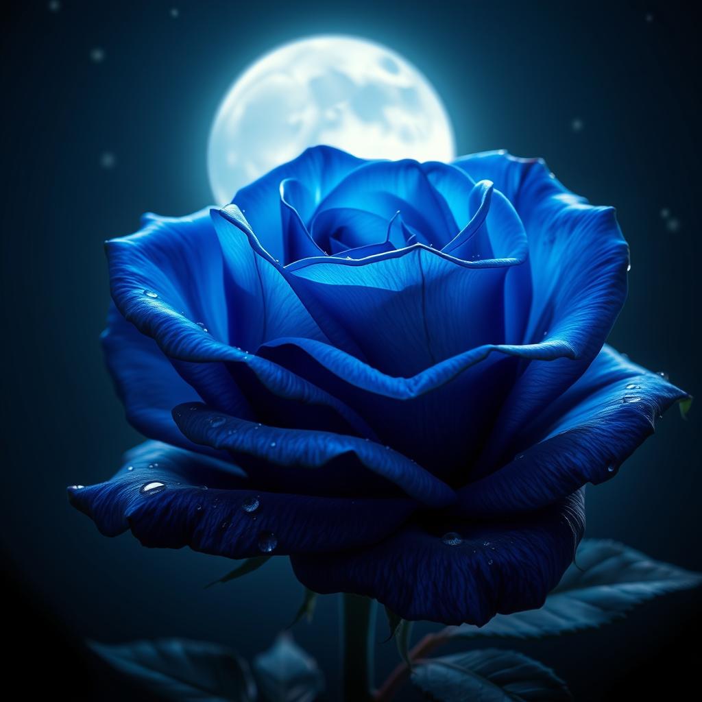A beautiful blue and black rose blooming in the night, illuminated softly by moonlight