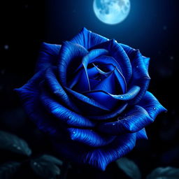 A beautiful blue and black rose blooming in the night, illuminated softly by moonlight
