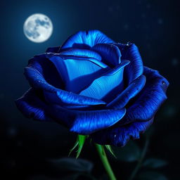 A beautiful blue and black rose blooming in the night, illuminated softly by moonlight