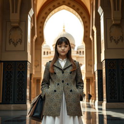 A stylish girls' high school outfit featuring a button-down coat inspired by the architectural elements of the Grand Mosque