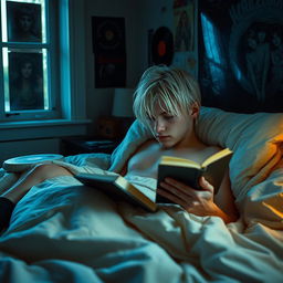 A serene scene featuring a young man with striking silver hair, reminiscent of Kurt Cobain, lounging comfortably in bed surrounded by soft, warm blankets