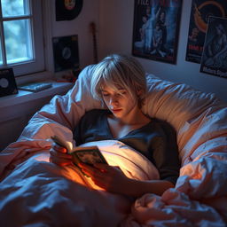 A serene scene featuring a young man with striking silver hair, reminiscent of Kurt Cobain, lounging comfortably in bed surrounded by soft, warm blankets