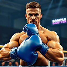 A dynamic scene featuring a muscular man wearing boxing gloves in blue, standing confidently in a boxing ring