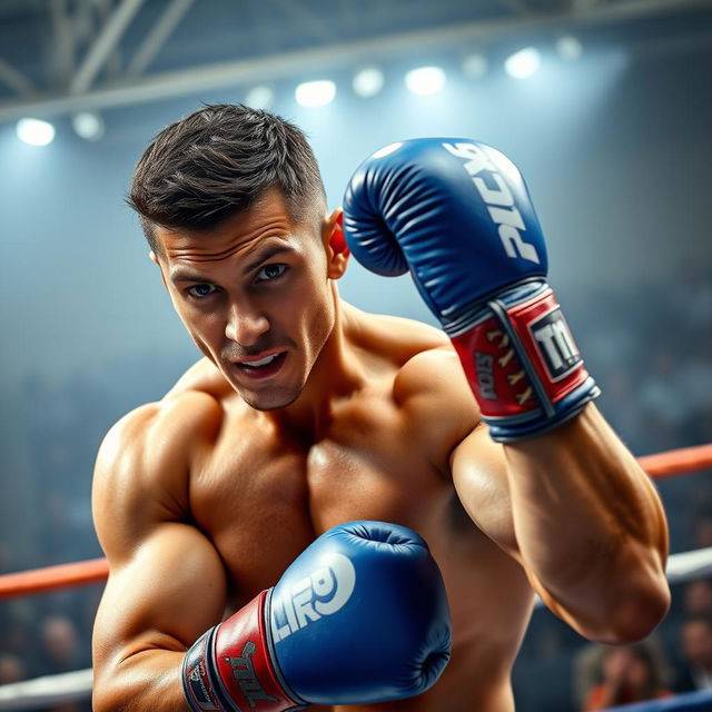 A dynamic scene featuring a muscular man wearing boxing gloves in blue, standing confidently in a boxing ring