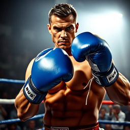A dynamic scene featuring a muscular man wearing boxing gloves in blue, standing confidently in a boxing ring