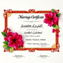 A beautifully designed marriage certificate featuring the titles 'বিয়ের সার্টিফিকেট' and 'Marriage Certificate' elegantly placed at the top center in ornate fonts like Edwardian Script or Great Vibes, styled in a luxurious golden color