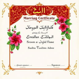 A beautifully designed marriage certificate featuring the titles 'বিয়ের সার্টিফিকেট' and 'Marriage Certificate' elegantly placed at the top center in ornate fonts like Edwardian Script or Great Vibes, styled in a luxurious golden color
