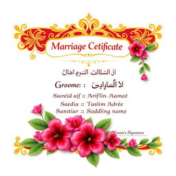 A beautifully designed marriage certificate featuring the titles 'বিয়ের সার্টিফিকেট' and 'Marriage Certificate' elegantly placed at the top center in ornate fonts like Edwardian Script or Great Vibes, styled in a luxurious golden color