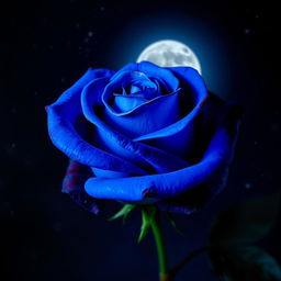 A stunning rose blooming in vibrant blue and black shades, set against a dark, starry night background