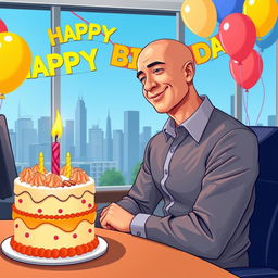 A vector style illustration of Jeff Bezos, sitting at his modern office desk, blowing out a birthday candle on a cake
