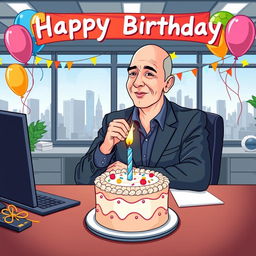 A vector style illustration of Jeff Bezos, sitting at his modern office desk, blowing out a birthday candle on a cake