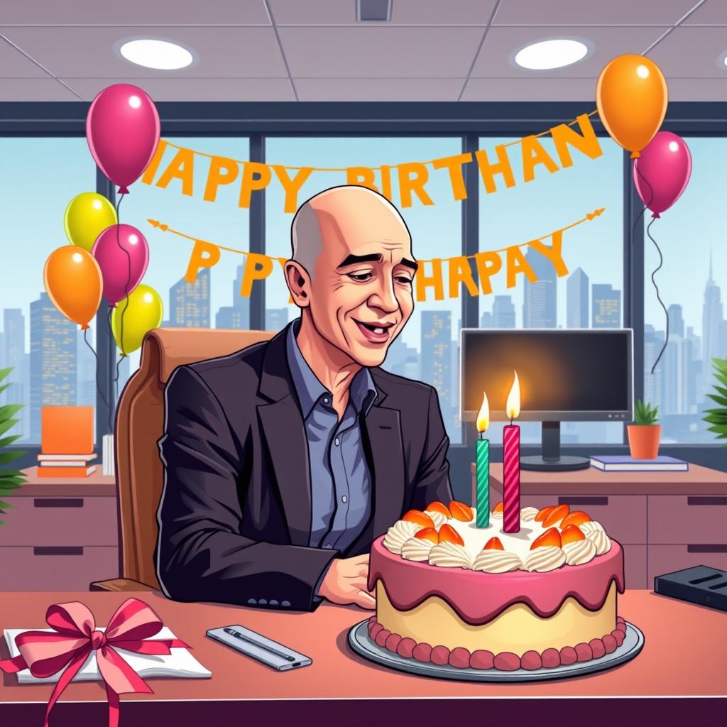 A vector style illustration of Jeff Bezos, sitting at his modern office desk, blowing out a birthday candle on a cake