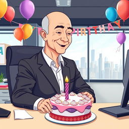 A vector style illustration of Jeff Bezos, sitting at his modern office desk, blowing out a birthday candle on a cake