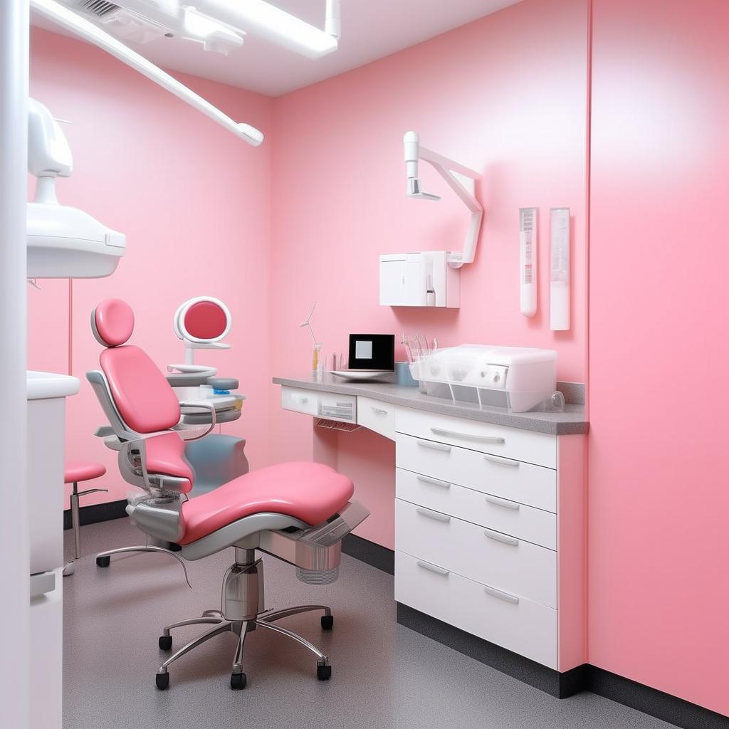 A well-organized dental unit with a feminine touch, featuring a pink dental chair, gray flooring, and white walls. The unit is equipped with modern dental tools and technology, providing a clean, professional, and inviting atmosphere.