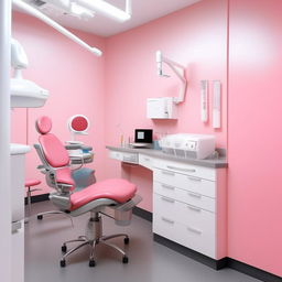 A well-organized dental unit with a feminine touch, featuring a pink dental chair, gray flooring, and white walls. The unit is equipped with modern dental tools and technology, providing a clean, professional, and inviting atmosphere.