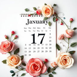 A realistic and beautifully designed calendar page for January, prominently featuring the date 17th highlighted