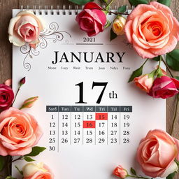 A realistic and beautifully designed calendar page for January, prominently featuring the date 17th highlighted