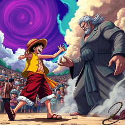 An epic showdown between Luffy, the enthusiastic pirate captain from One Piece, and an imposing, charismatic figure resembling a political leader, exuding authority