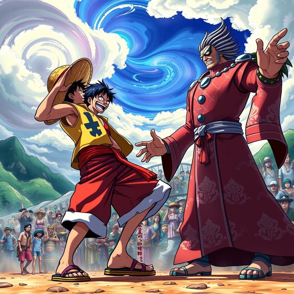 An epic showdown between Luffy, the enthusiastic pirate captain from One Piece, and an imposing, charismatic figure resembling a political leader, exuding authority
