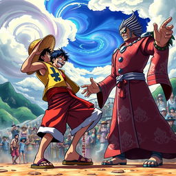 An epic showdown between Luffy, the enthusiastic pirate captain from One Piece, and an imposing, charismatic figure resembling a political leader, exuding authority