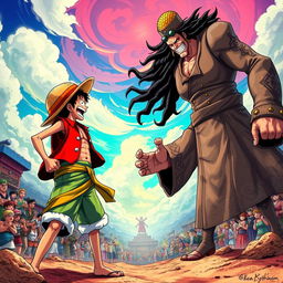An epic showdown between Luffy, the enthusiastic pirate captain from One Piece, and an imposing, charismatic figure resembling a political leader, exuding authority