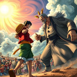 An epic showdown between Luffy, the enthusiastic pirate captain from One Piece, and an imposing, charismatic figure resembling a political leader, exuding authority