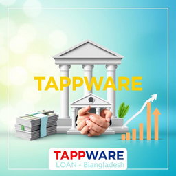 A vibrant and professional advertisement showcasing TAPPWARE Loan Bangladesh, featuring elegant financial motifs such as stacks of money, lending hands, and a stylish representation of a bank building