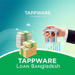 A vibrant and professional advertisement showcasing TAPPWARE Loan Bangladesh, featuring elegant financial motifs such as stacks of money, lending hands, and a stylish representation of a bank building