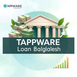 A vibrant and professional advertisement showcasing TAPPWARE Loan Bangladesh, featuring elegant financial motifs such as stacks of money, lending hands, and a stylish representation of a bank building