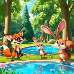 A vibrant and colorful scene inspired by Disney Pixar animation, featuring a group of whimsical anthropomorphic animals enjoying a sunny day in a lush, green park
