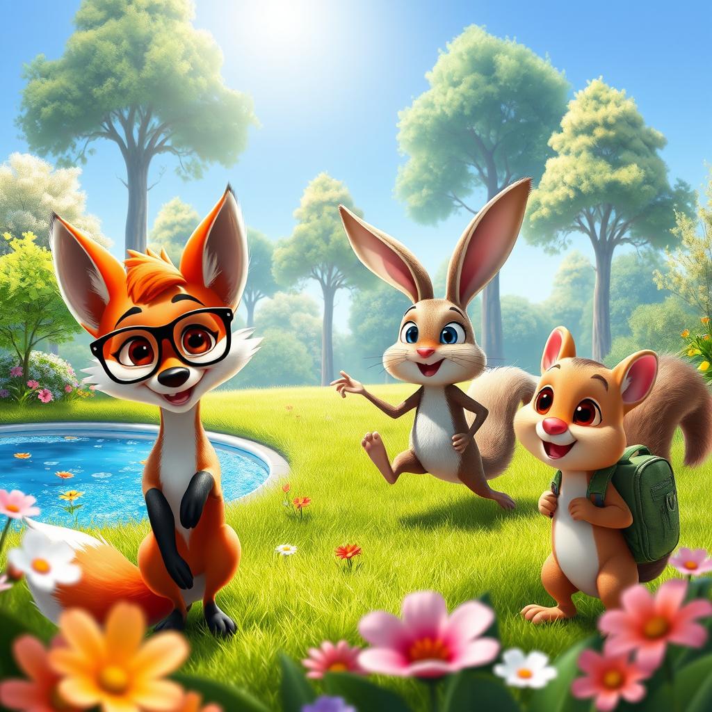 A vibrant and colorful scene inspired by Disney Pixar animation, featuring a group of whimsical anthropomorphic animals enjoying a sunny day in a lush, green park