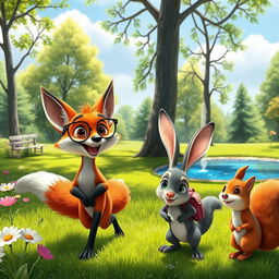 A vibrant and colorful scene inspired by Disney Pixar animation, featuring a group of whimsical anthropomorphic animals enjoying a sunny day in a lush, green park