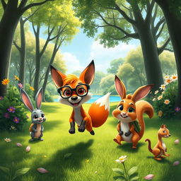 A vibrant and colorful scene inspired by Disney Pixar animation, featuring a group of whimsical anthropomorphic animals enjoying a sunny day in a lush, green park