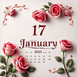A beautifully designed and decorated calendar page for January 2025, featuring elegant roses artistically arranged around the borders