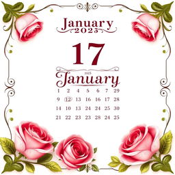 A beautifully designed and decorated calendar page for January 2025, featuring elegant roses artistically arranged around the borders