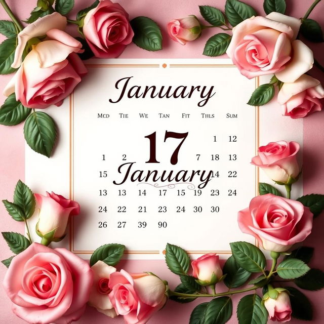 A beautifully designed and decorated calendar page for January 2025, featuring elegant roses artistically arranged around the borders