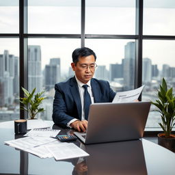 A professional loan officer sitting at a sleek office desk, reviewing financial documents
