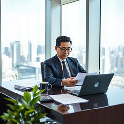 A professional loan officer sitting at a sleek office desk, reviewing financial documents
